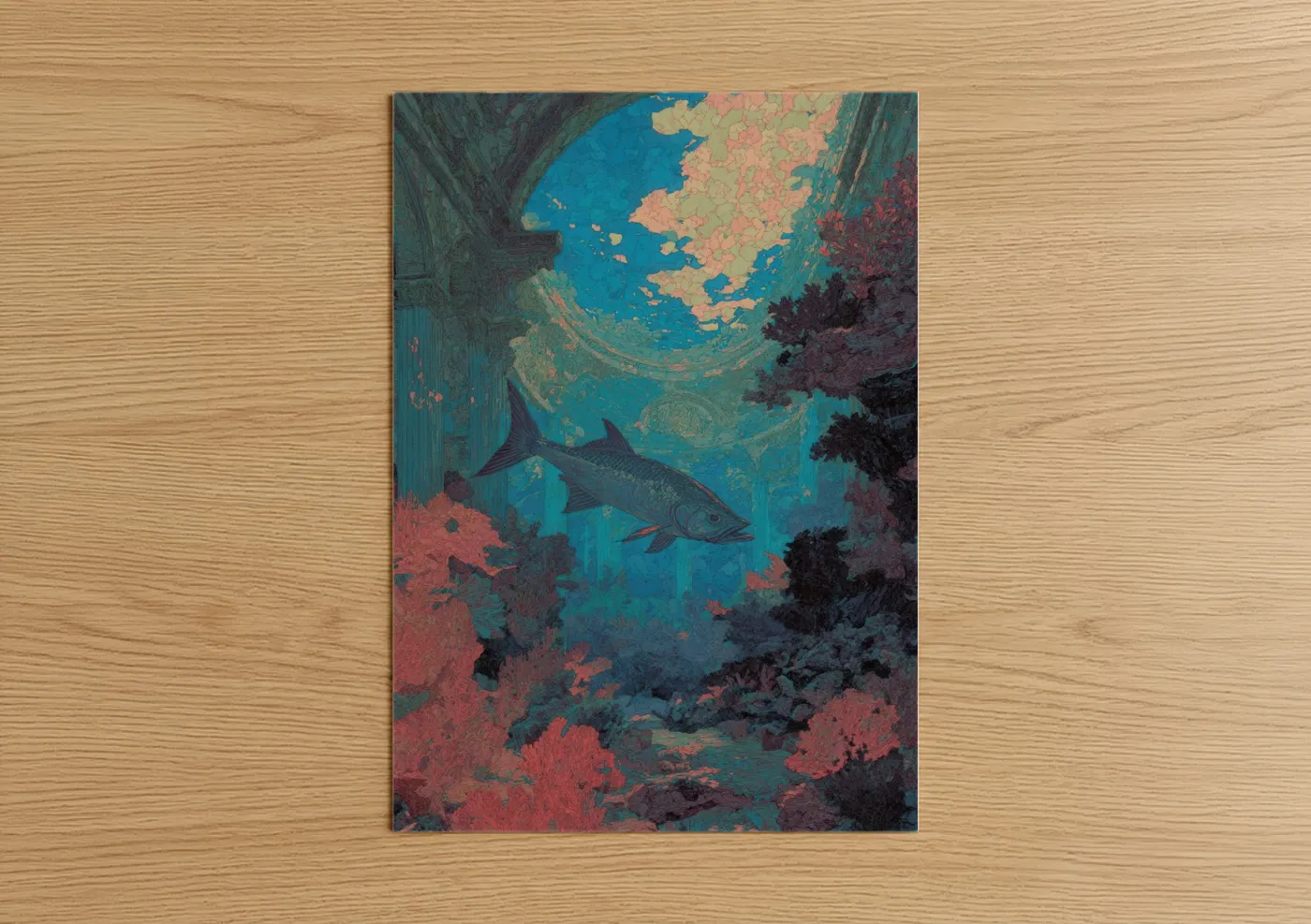 Art print on warm oak wood — blue and salmon pink palette — Coral Tarpon poster
