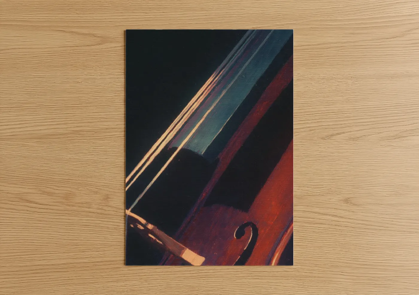 Art print on warm oak wood — gold and maroon palette — Classical Strings poster
