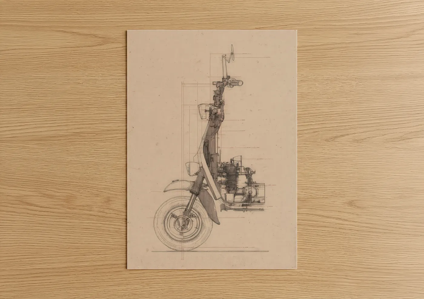 Vintage Scooter Blueprint Technical Drawing Wall Art