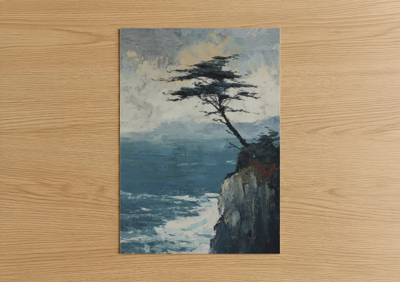 Redwood tree art print on warm oak wood — blue and white and gray palette — Windswept Redwood poster