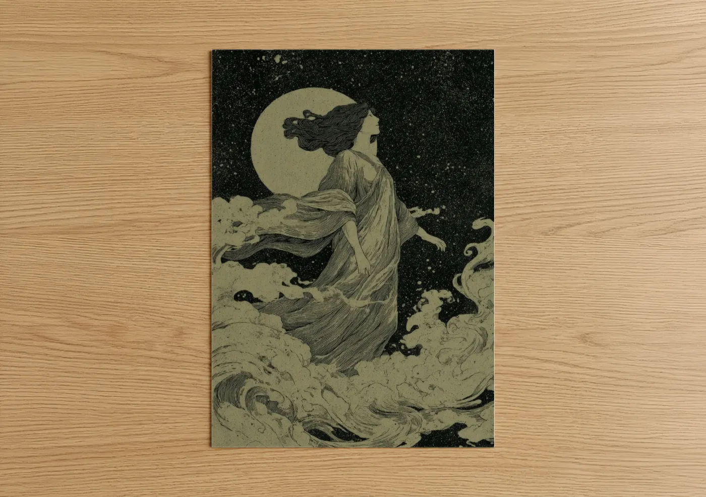 Art print on warm oak wood — black and white and cream palette — Moonlit Fairy poster