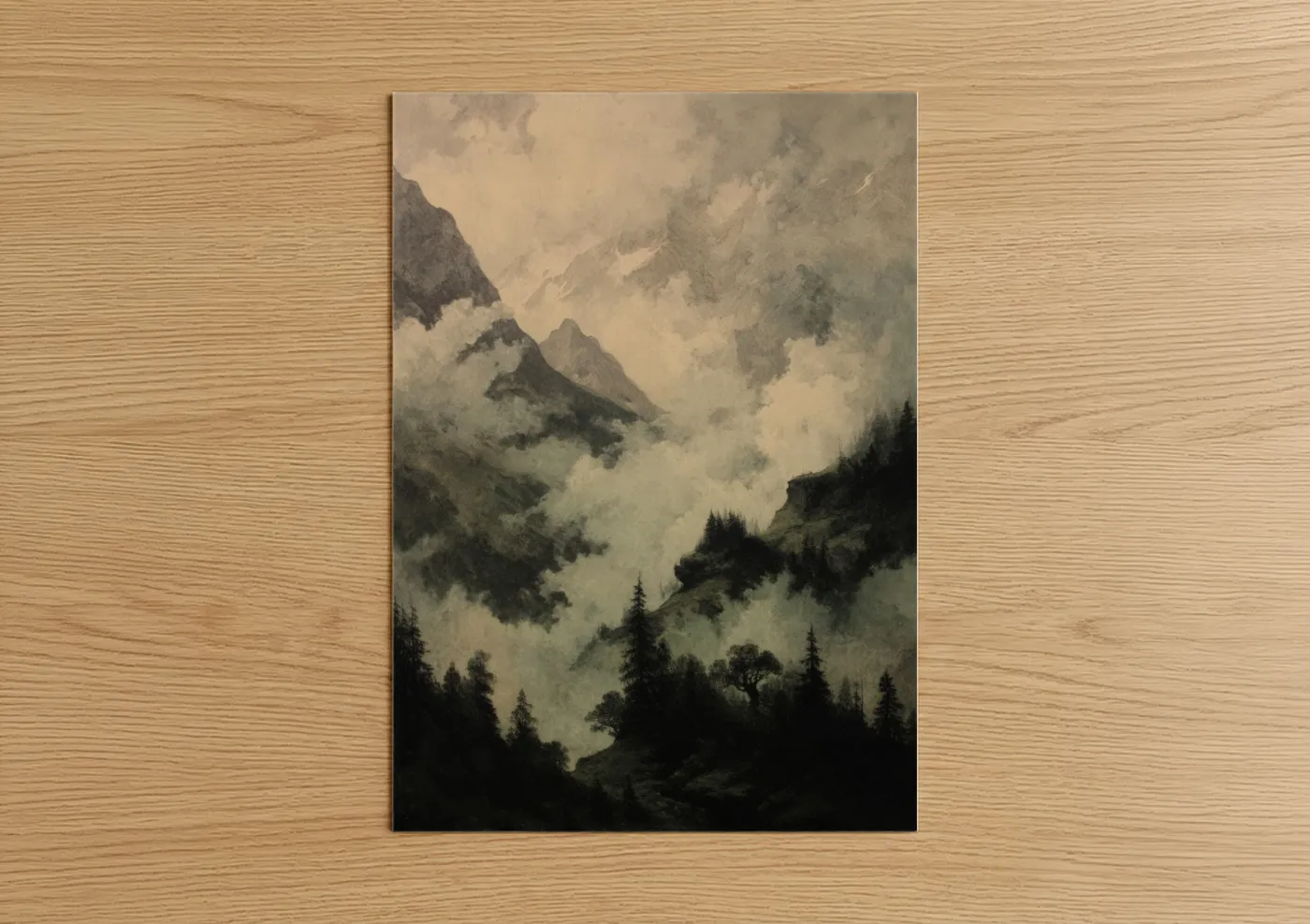 Art print on warm oak wood — gray and black and white palette — Misty Mountain Storm poster