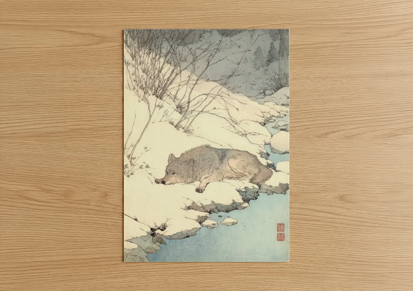 Art print on warm oak wood — blue and white and dove gray palette — Winter Wolf poster