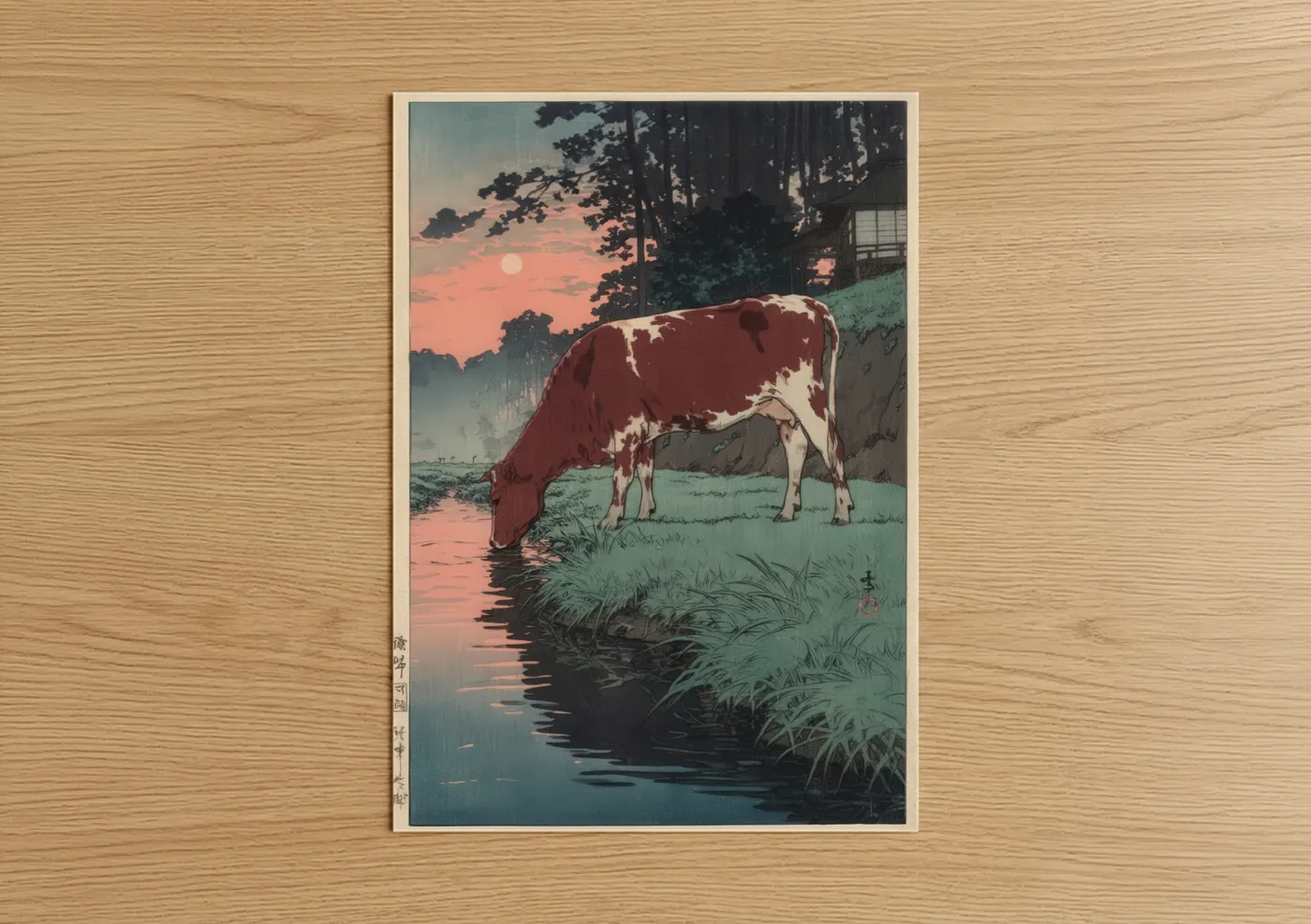 Hereford cow art print on warm oak wood — russet and sage green palette — Riverside Hereford poster