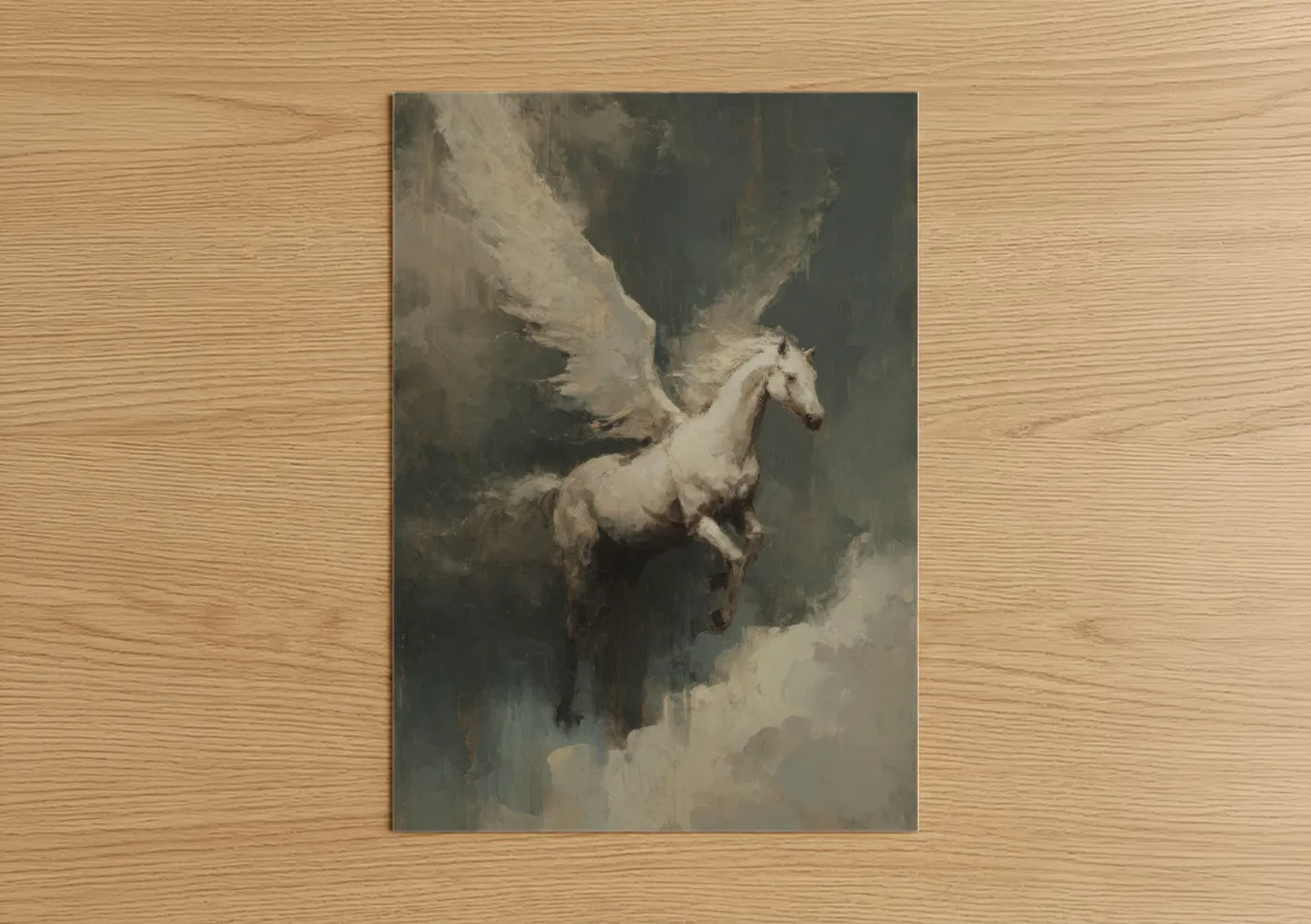 Art print on warm oak wood — cream and gray palette — Celestial Pegasus poster