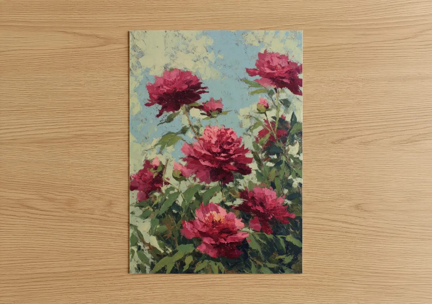 Art print on warm oak wood — magenta and light green palette — Crimson Peony Garden poster