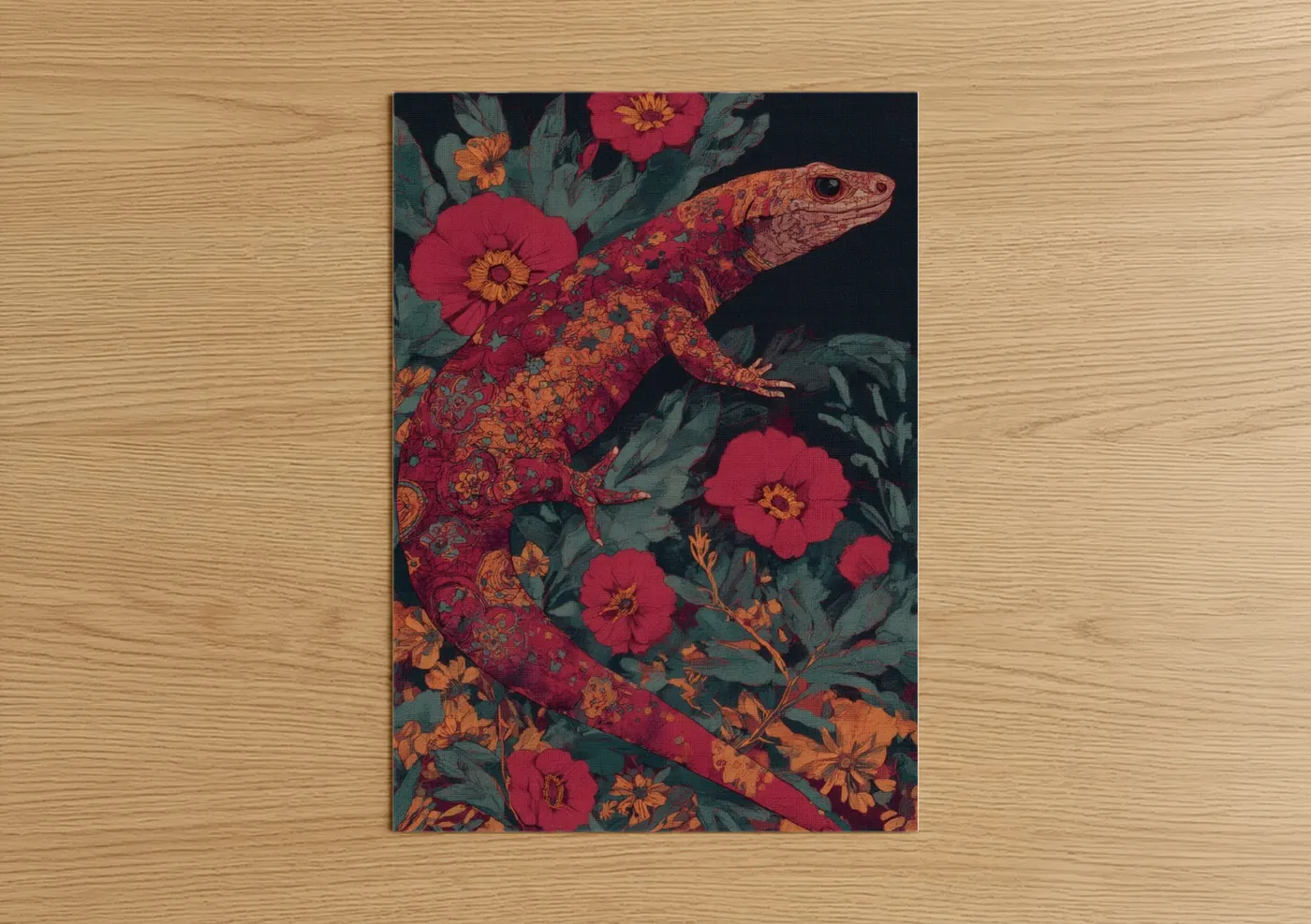 Crimson Floral Lizard Garden Wall Art