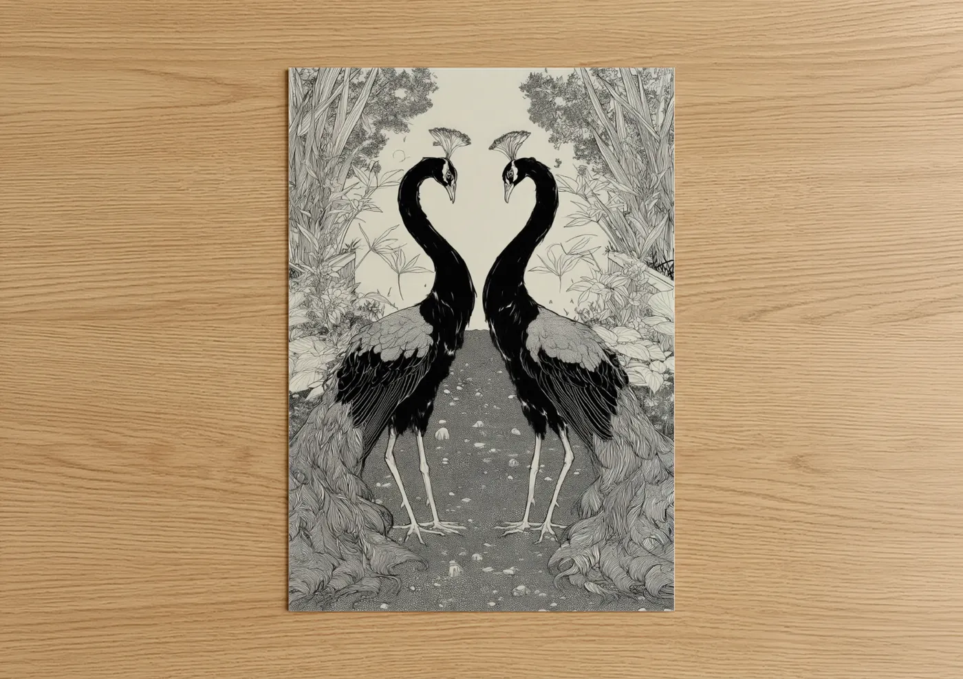Art print on warm oak wood — black and white palette — Mirrored Peacocks poster