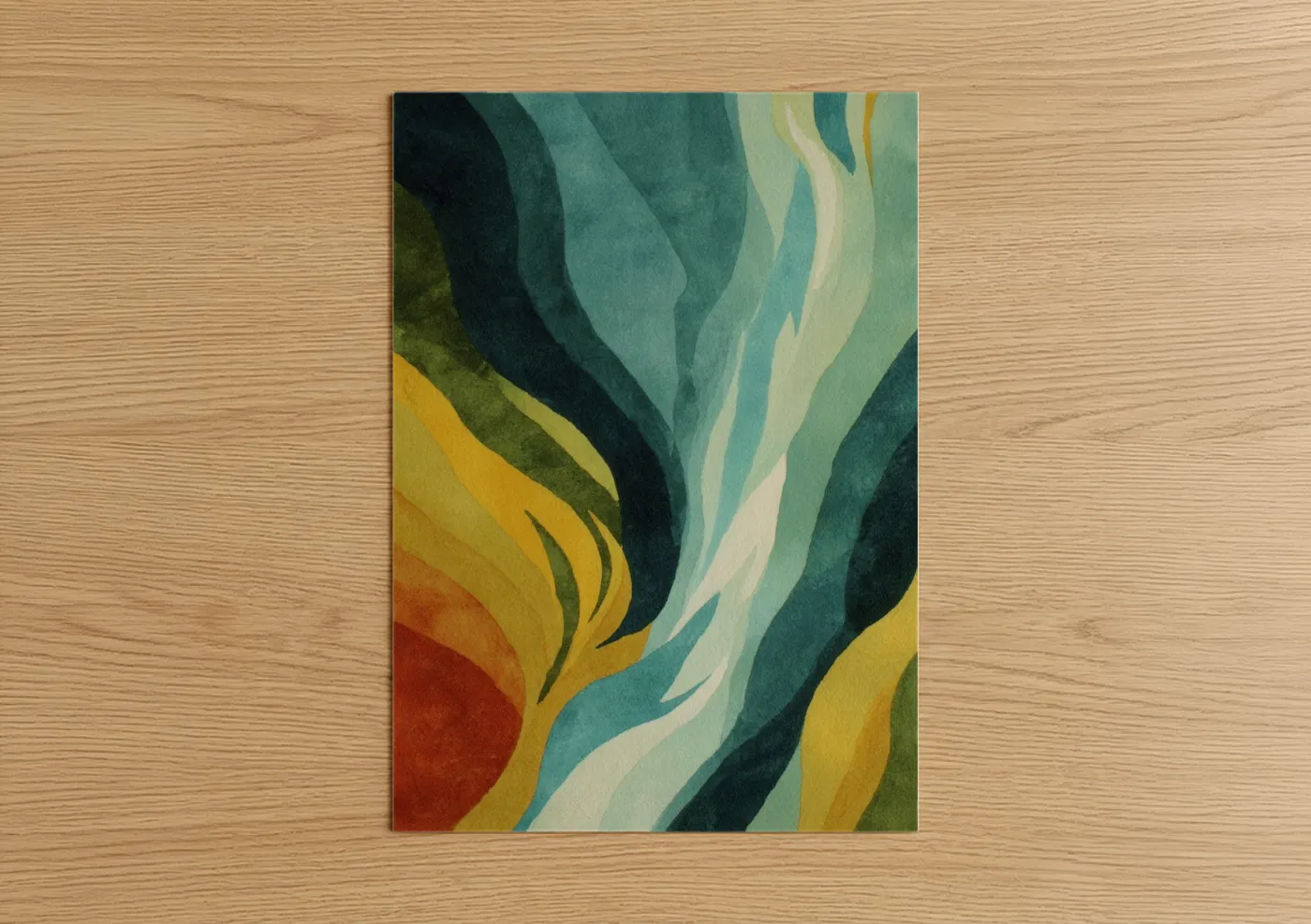 Art print on warm oak wood — teal and gold palette — Cascading Waterfall poster