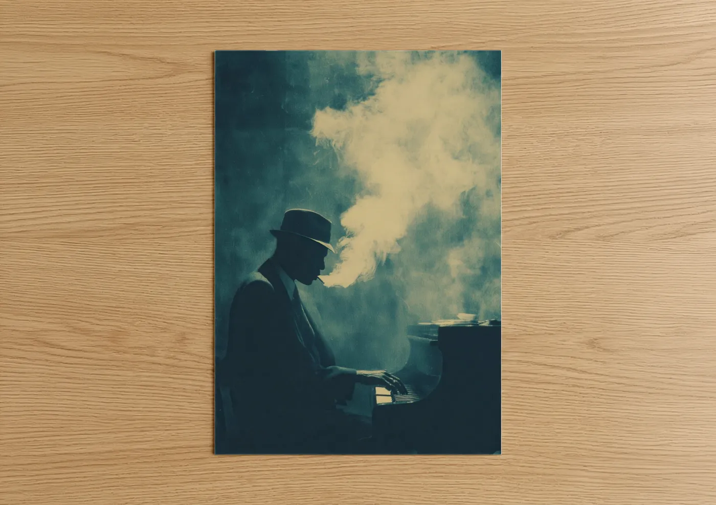 Smoke art print on warm oak wood — blue and white and teal palette — Smoky Pianist poster