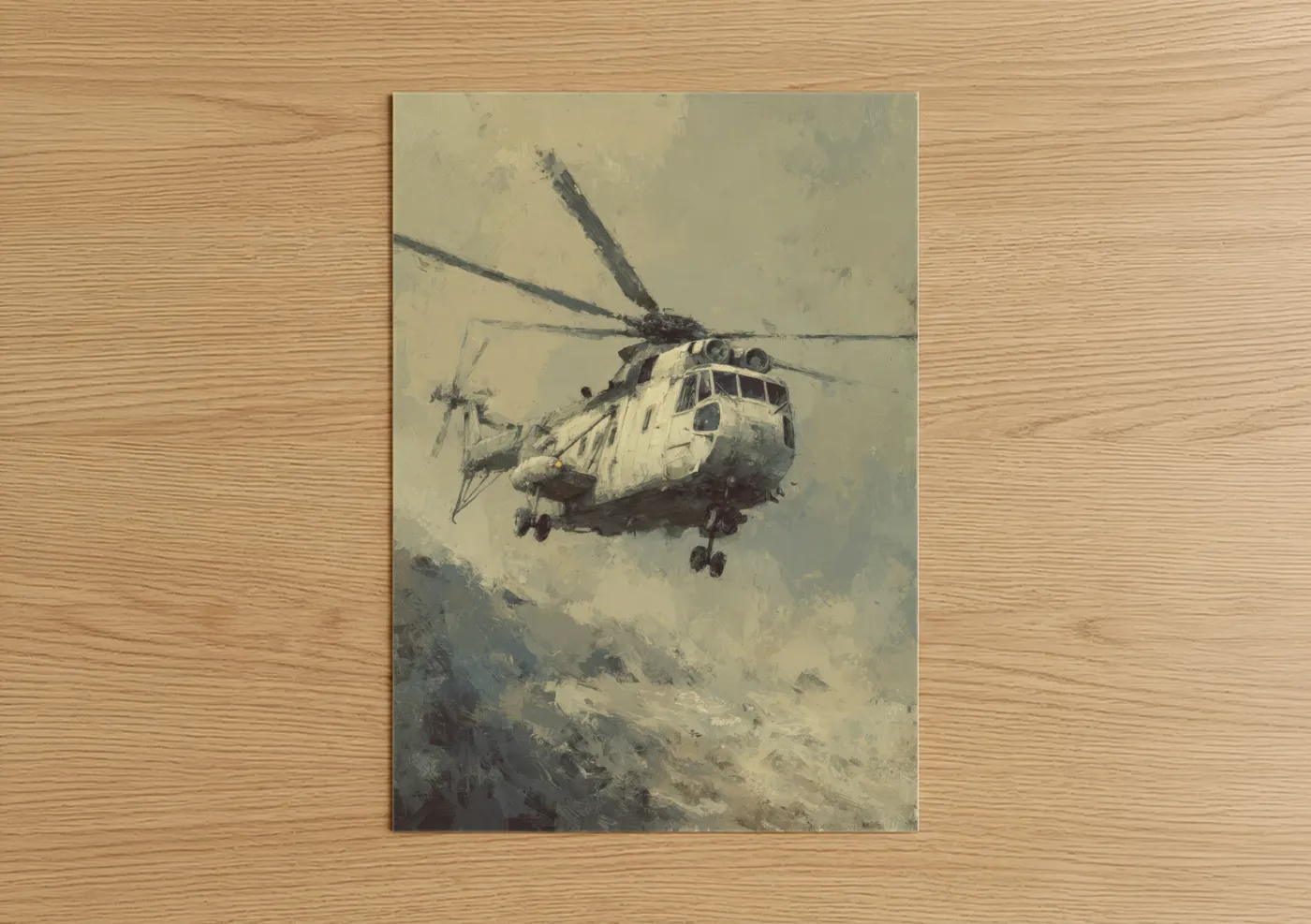 Art print on warm oak wood — gray and beige palette — Mountain Helicopter poster