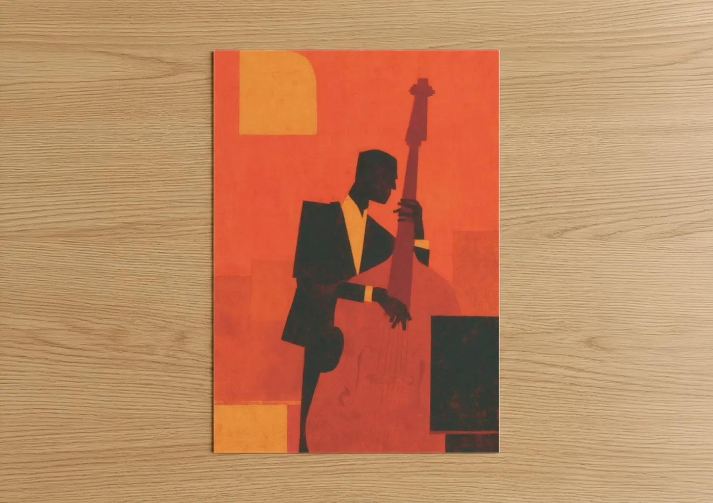 Bass guitar art print on warm oak wood — orange and gold palette — Silhouette Bassist poster