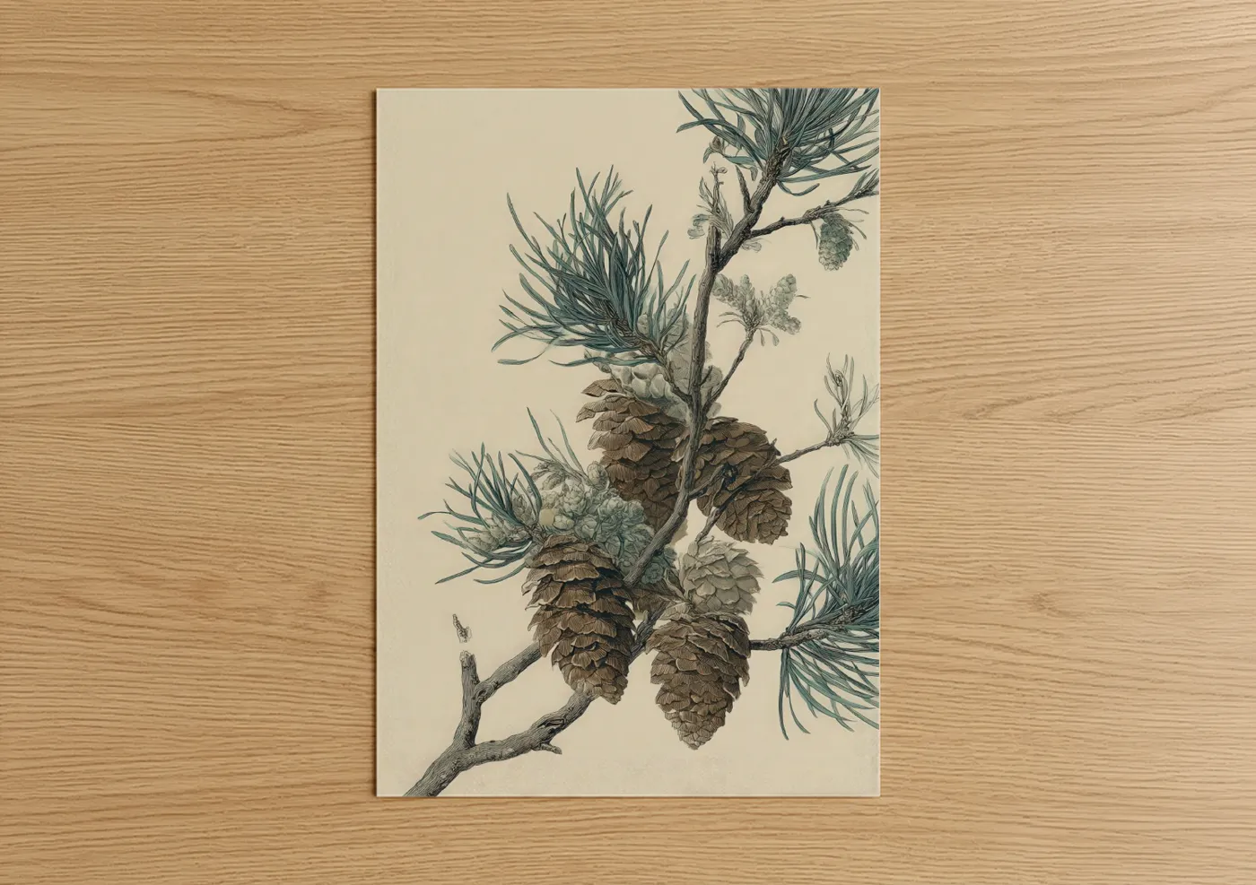 Forest trees art print on warm oak wood — cream and teal palette — Pine Cones Branch poster