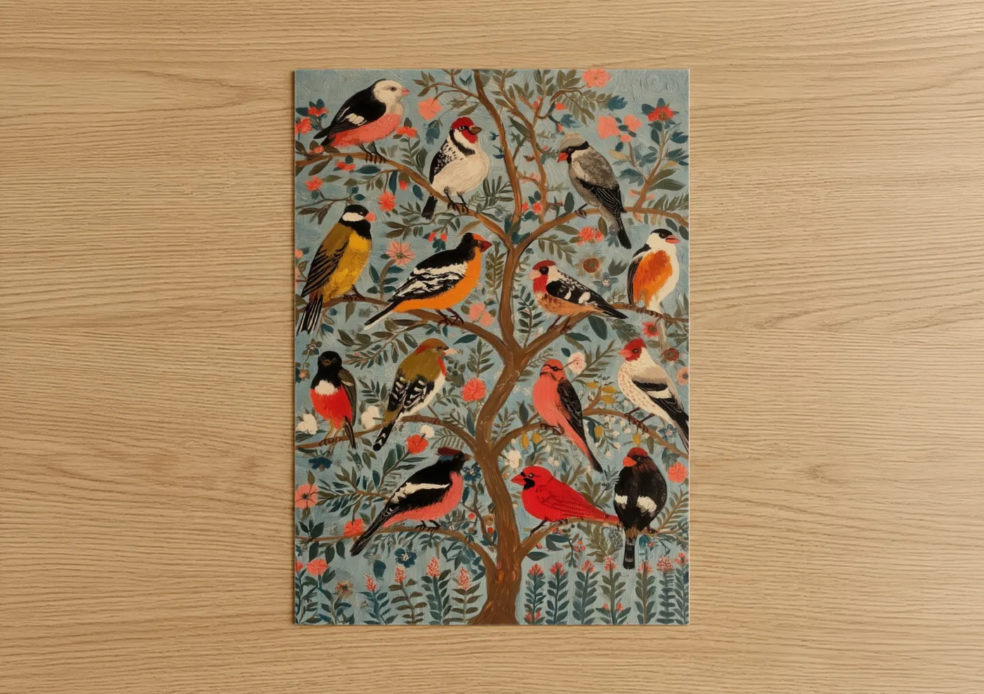 Colorful Finch Tree Wildlife Illustration Wall Art