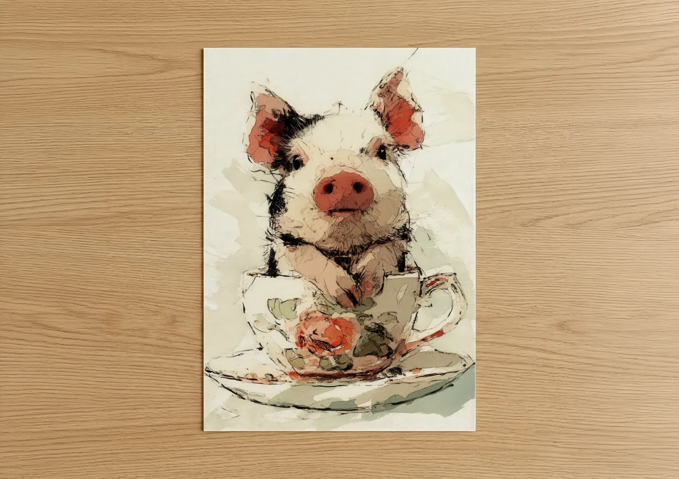 Charming Teacup Pig Watercolor Illustration Wall Art