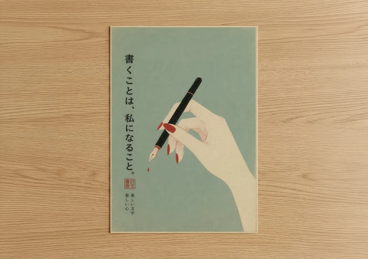 Nail art print on warm oak wood — sage green and red palette — Japanese Writing Hand Wall Art poster