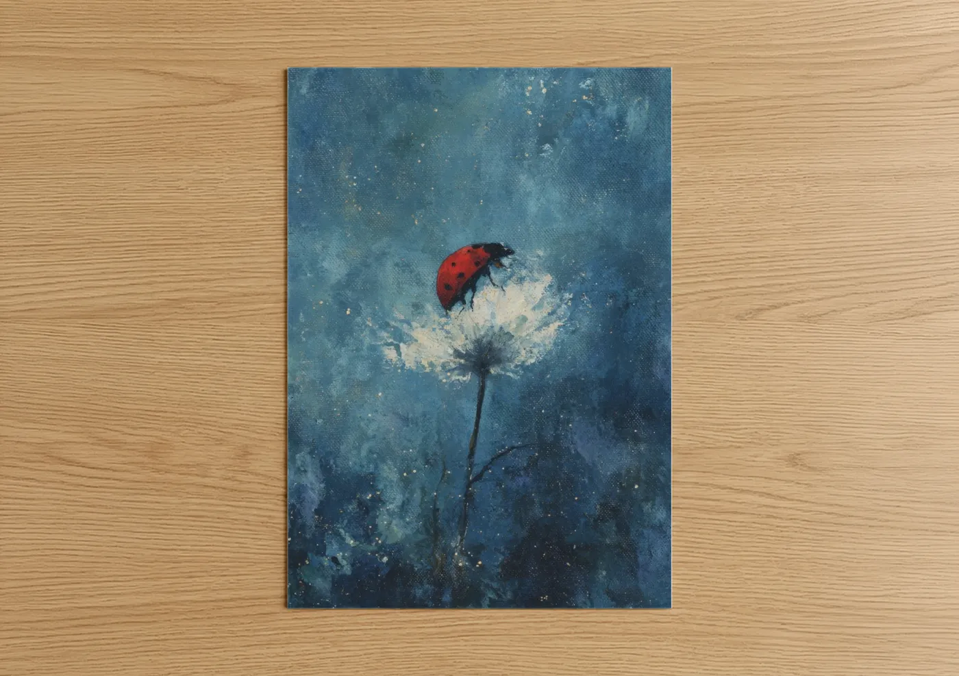 Art print on warm oak wood — blue and gold palette — Starlit Ladybug poster