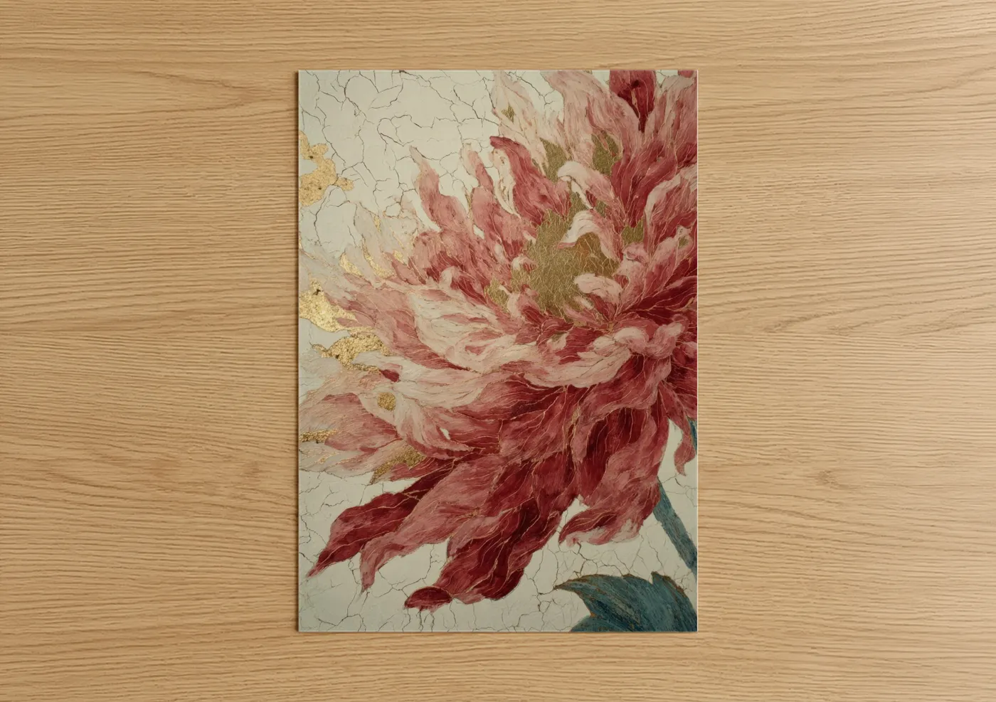 Crimson Dahlia with Gold Leaf Accents Wall Art