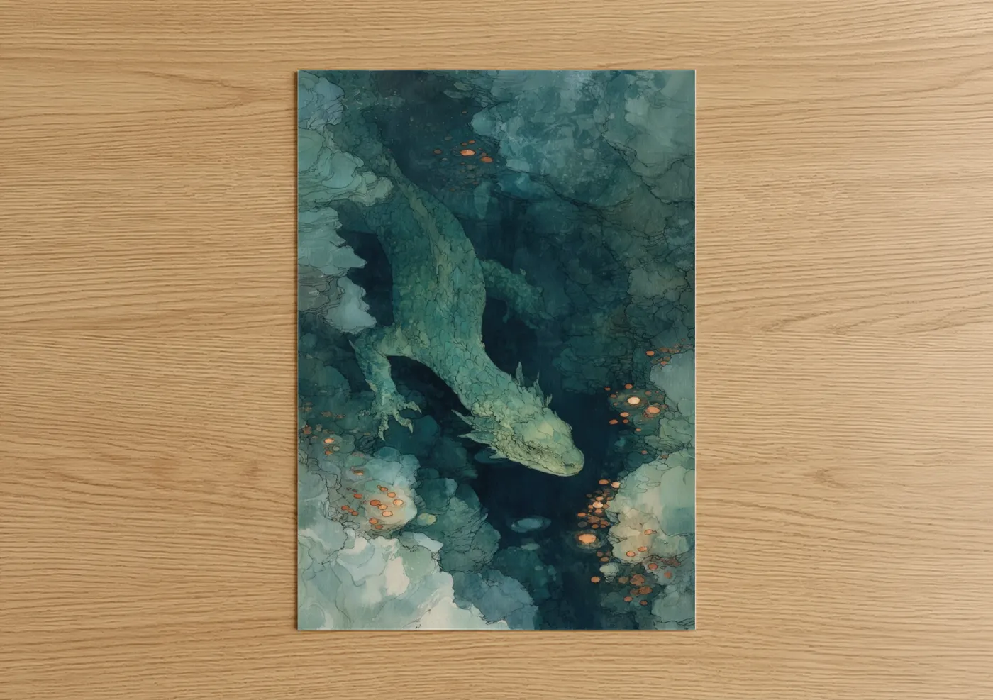 Art print on warm oak wood — teal and gold palette — Emerald Basilisk poster