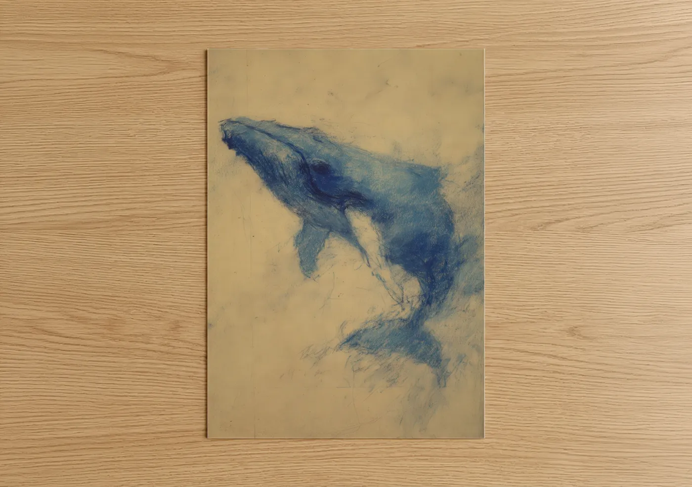 Ascending Blue Whale Watercolor Drawing Wall Art