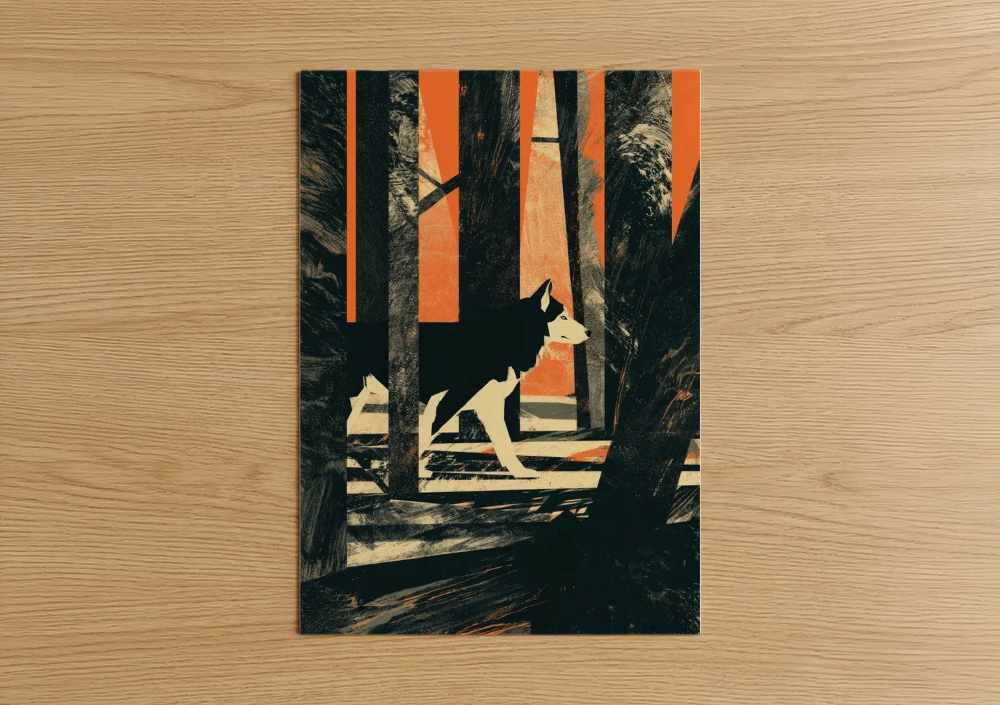Art print on warm oak wood — orange and black palette — Forest Husky poster