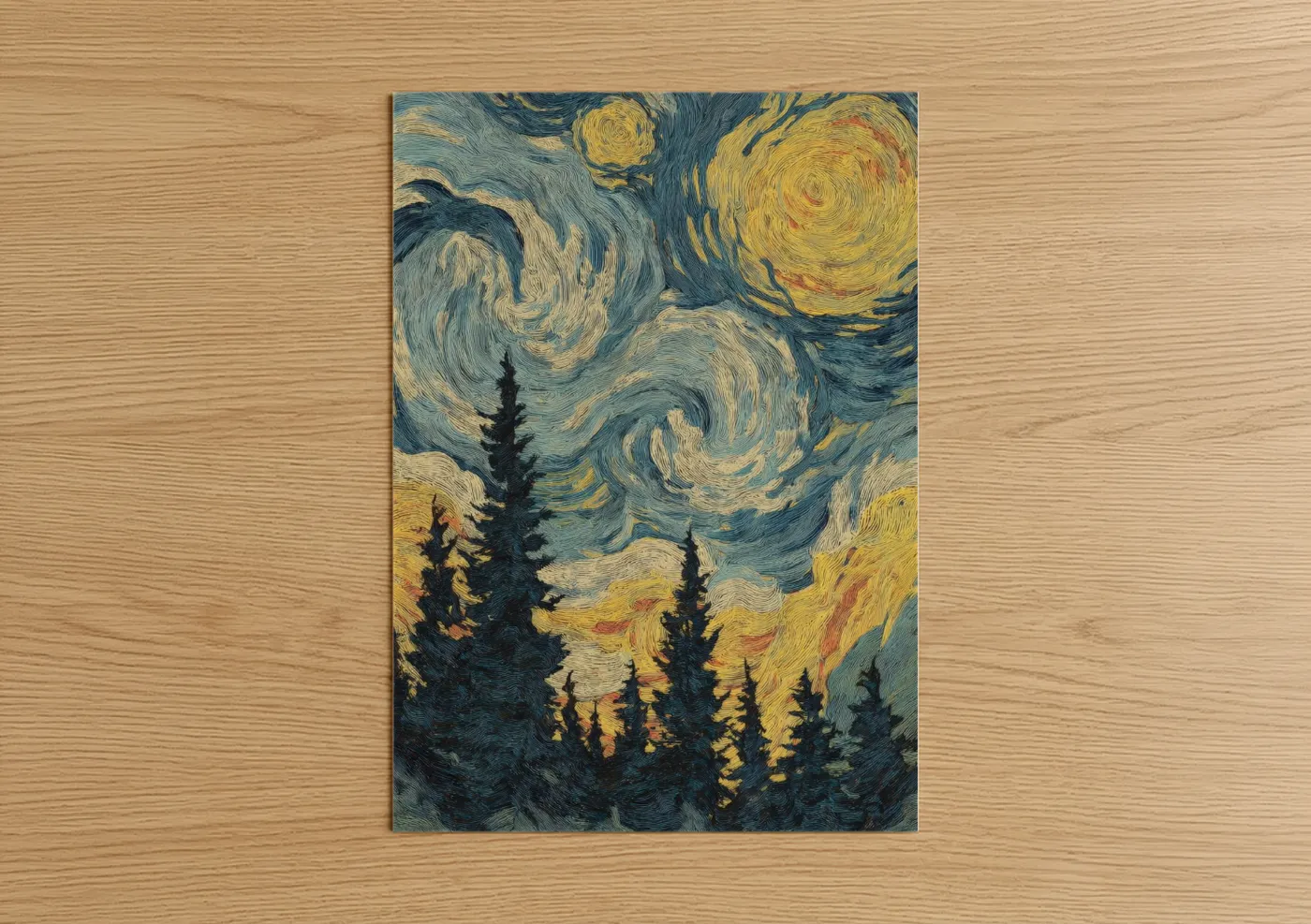 Night sky art print on warm oak wood — blue and gold palette — Starry Forest Night poster