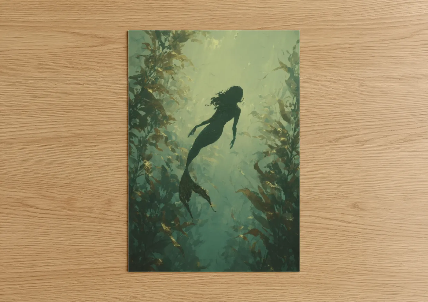 Art print on warm oak wood — teal and gold palette — Kelp Forest Mermaid poster