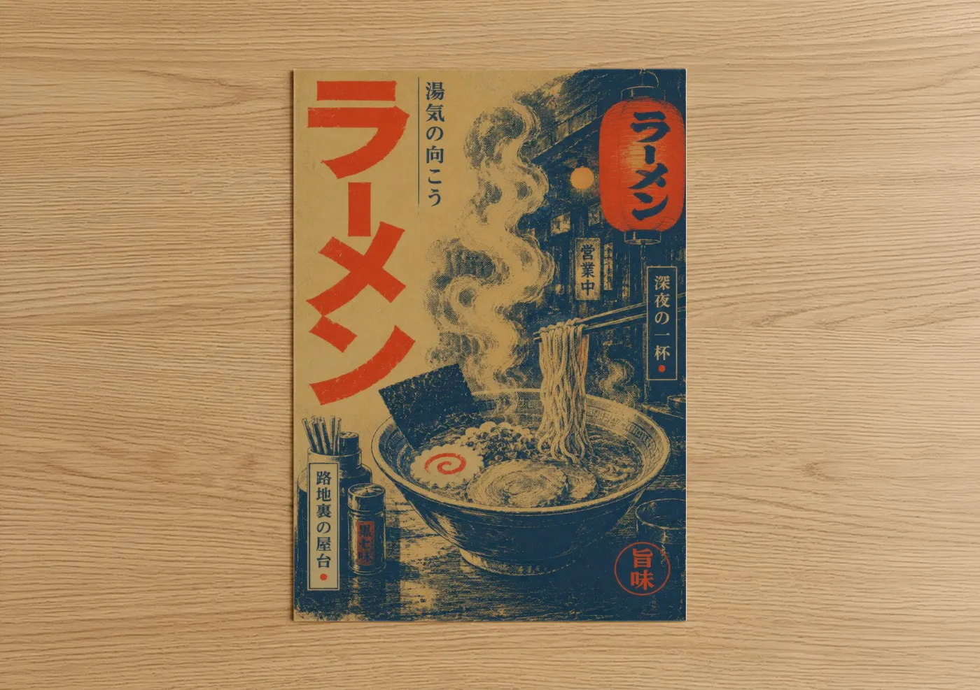 Pasta art print on warm oak wood — denim and cream palette — Vintage Japanese Ramen Bowl Wall Art poster