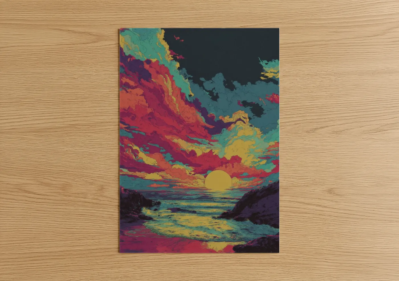 Beach sunrise and sunsets art print on warm oak wood — magenta and gold palette — Crimson Sunset Seascape poster