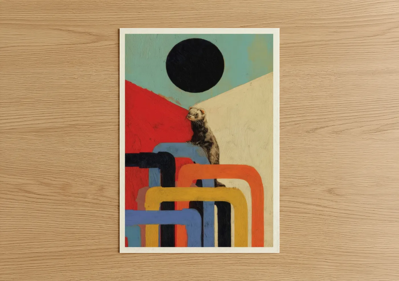 Art print on warm oak wood — red and blue palette — Geometric Ferret poster