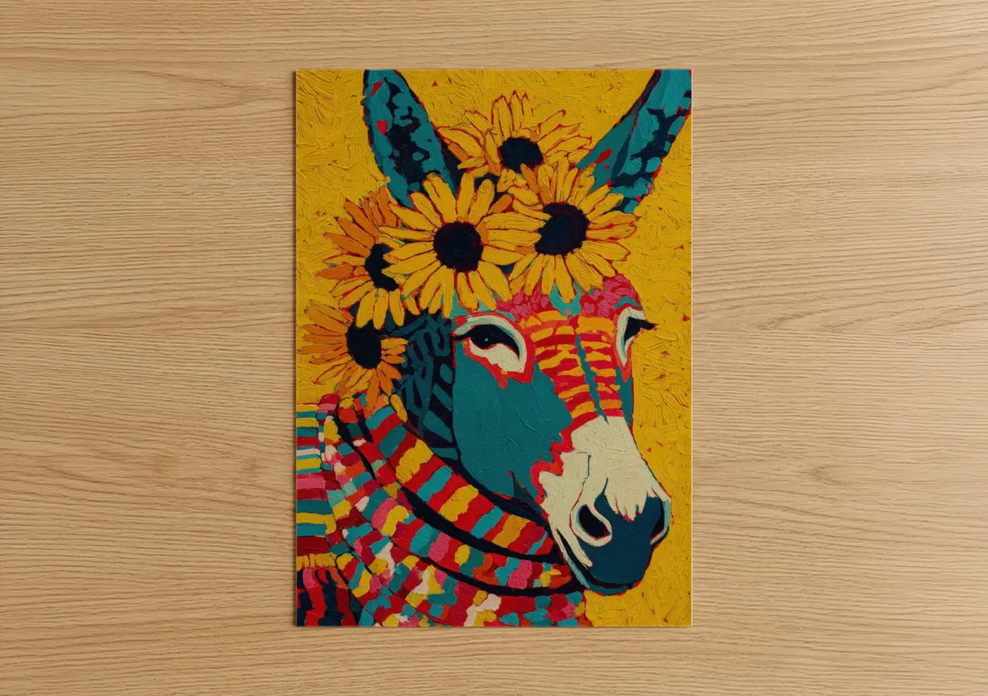Art print on warm oak wood — gold and teal palette — Sunflower Mule poster
