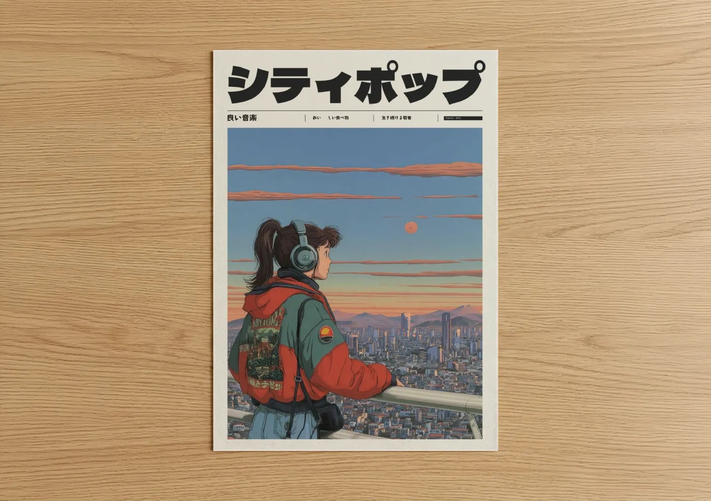 Anime and manga art print on warm oak wood — blue and orange palette — Rooftop Dreams poster