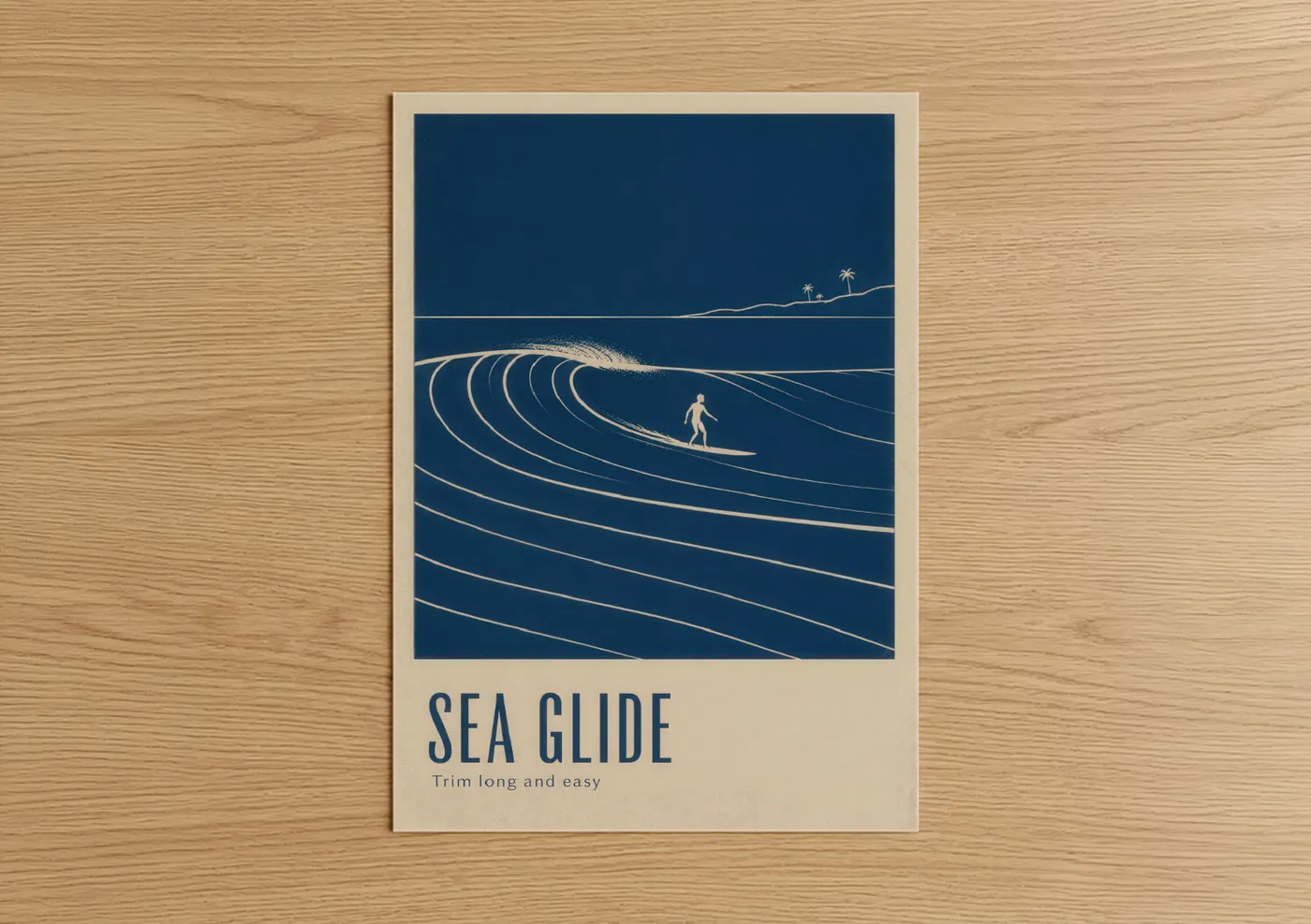 Surfing art print on warm oak wood — dark blue and beige palette — Vintage Surf Illustration Minimalist Wall Art poster