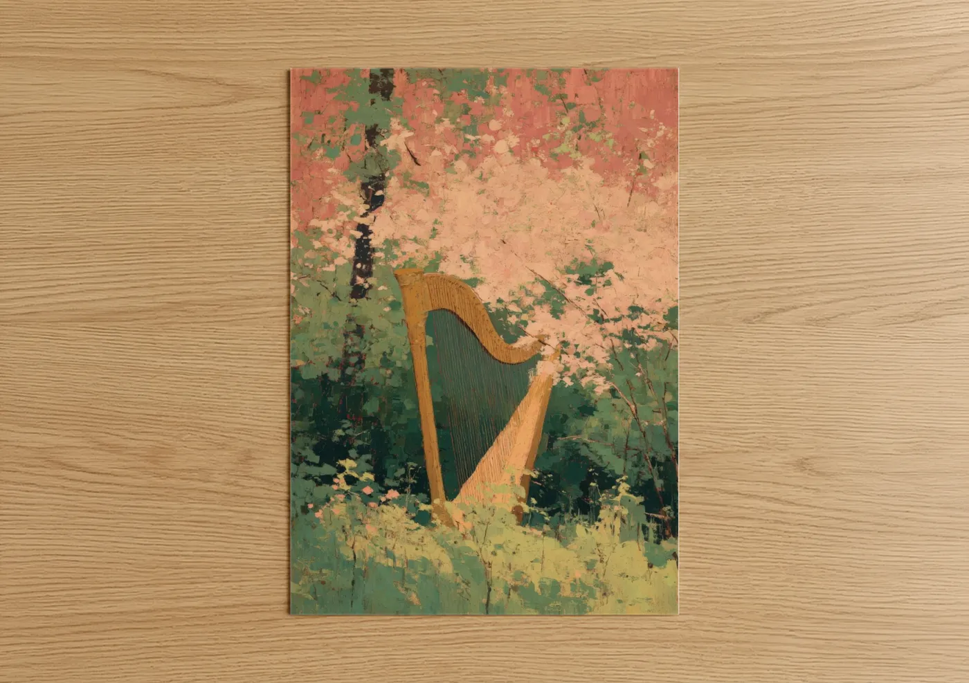 Art print on warm oak wood — sage green and peach palette — Verdant Harp poster