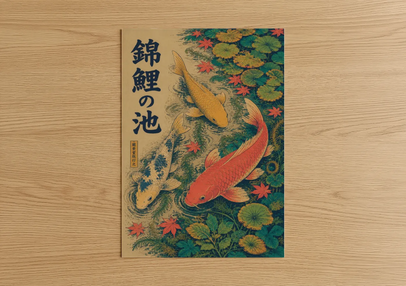 Art print on warm oak wood — teal and gold palette — Japanese Koi Fish Pond Wall Art poster