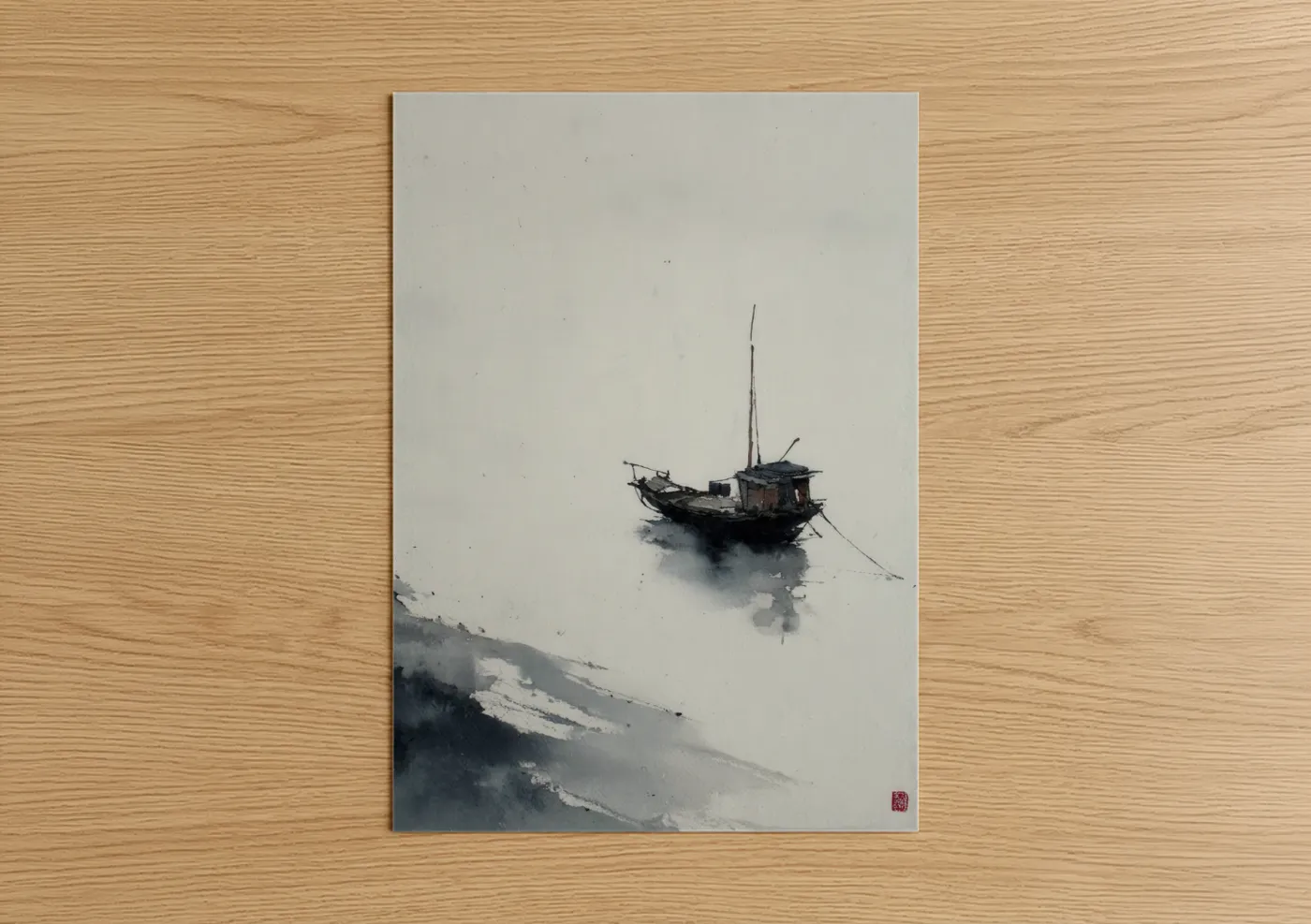 Solitary Fishing Boat Misty Watercolor Wall Art