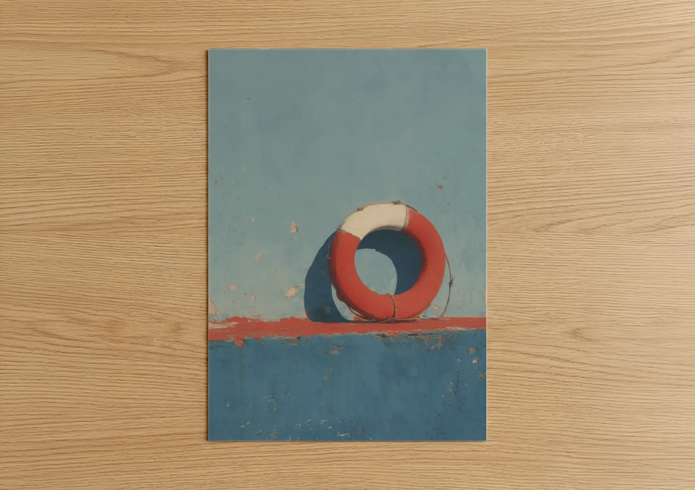 Art print on warm oak wood — blue and red palette — Weathered Life Ring poster