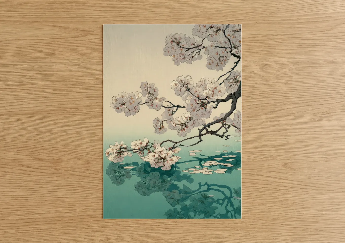 Cherry Blossom Tree Hanging Over Water Wall Art