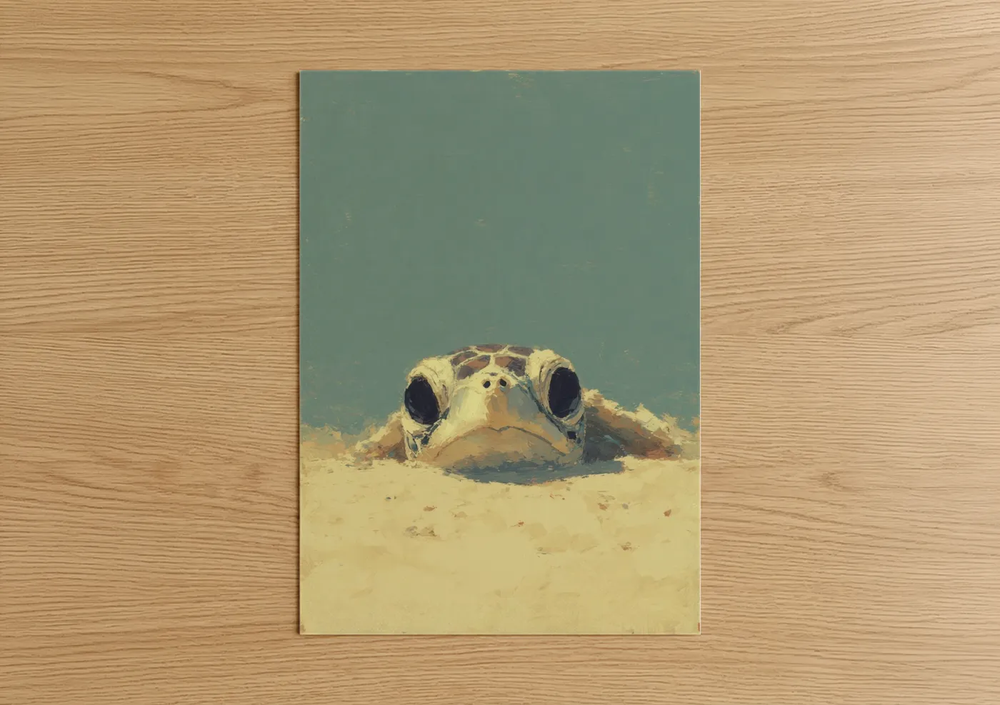 Art print on warm oak wood — teal and beige palette — Sandy Turtle poster