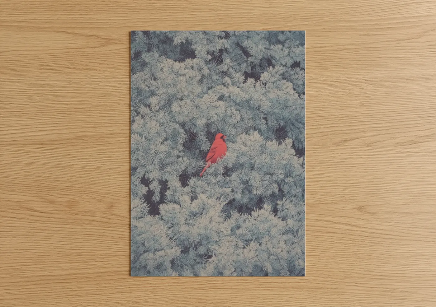 Art print on warm oak wood — gray and white and red palette — Crimson Cardinal Perch poster