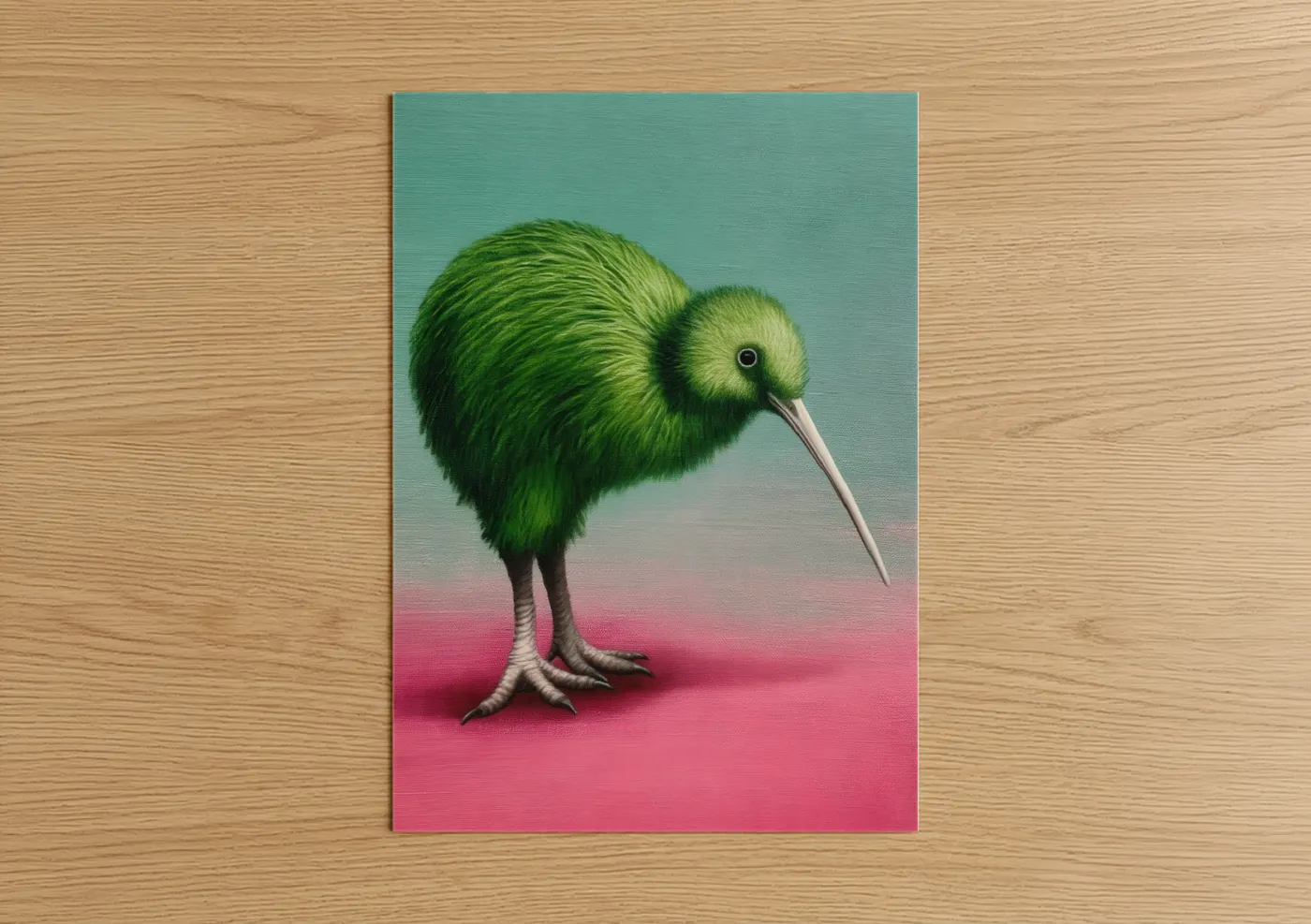 Art print on warm oak wood — true green and magenta palette — Green Kiwi poster