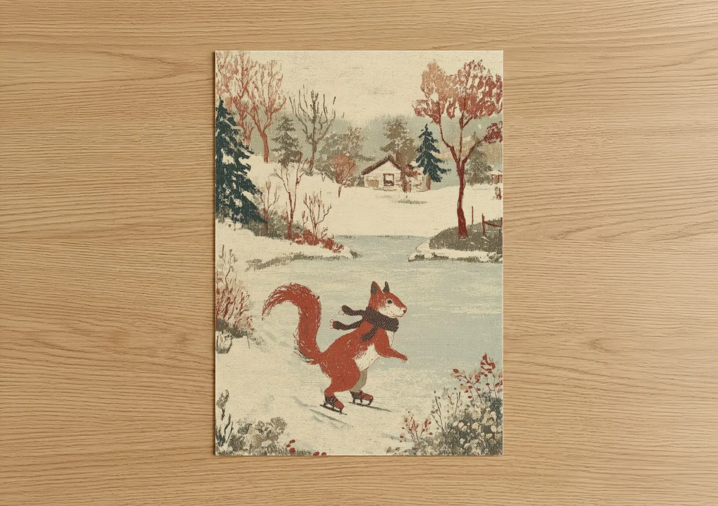 Art print on warm oak wood — cream and russet palette — Skating Squirrel poster
