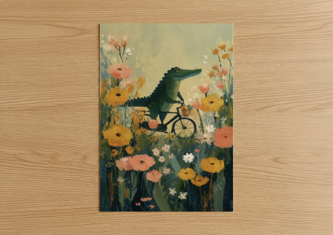 Art print on warm oak wood — cream and sage green palette — Cycling Alligator poster