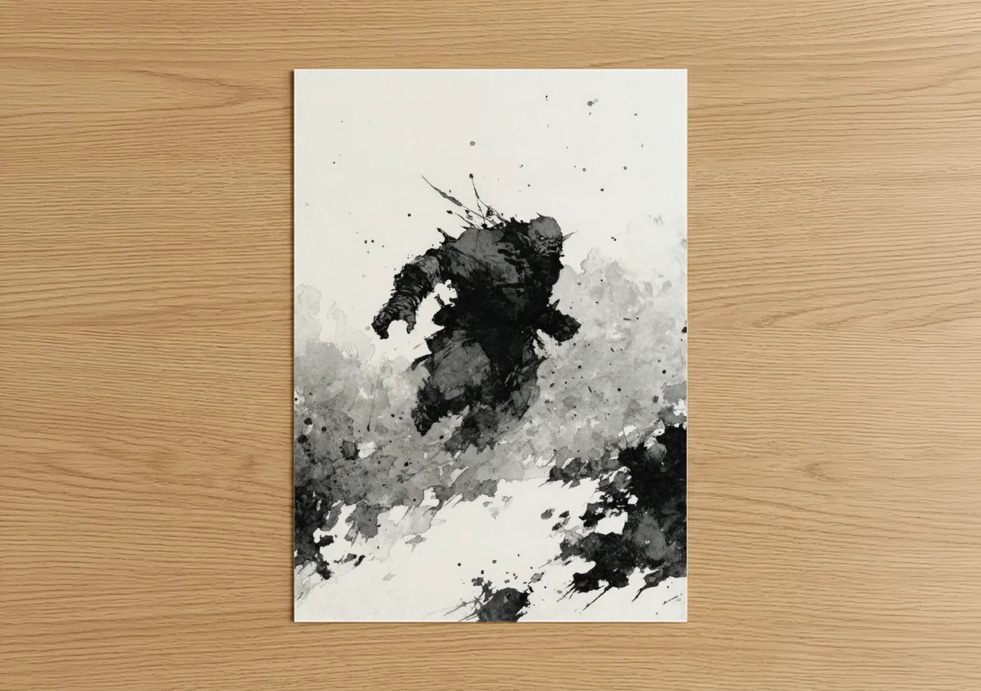 Art print on warm oak wood — black and white and gray palette — Charging Orc poster
