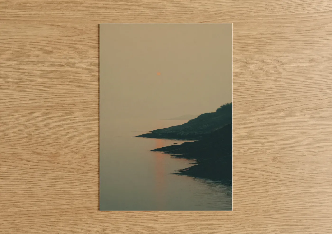 Art print on warm oak wood — beige and dark blue palette — Misty Sunset Coast poster
