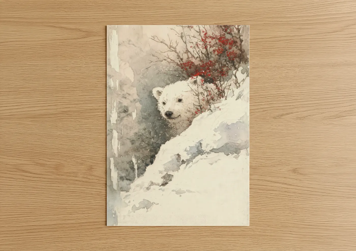 Snowy Polar Bear Winter Watercolor Wall Art