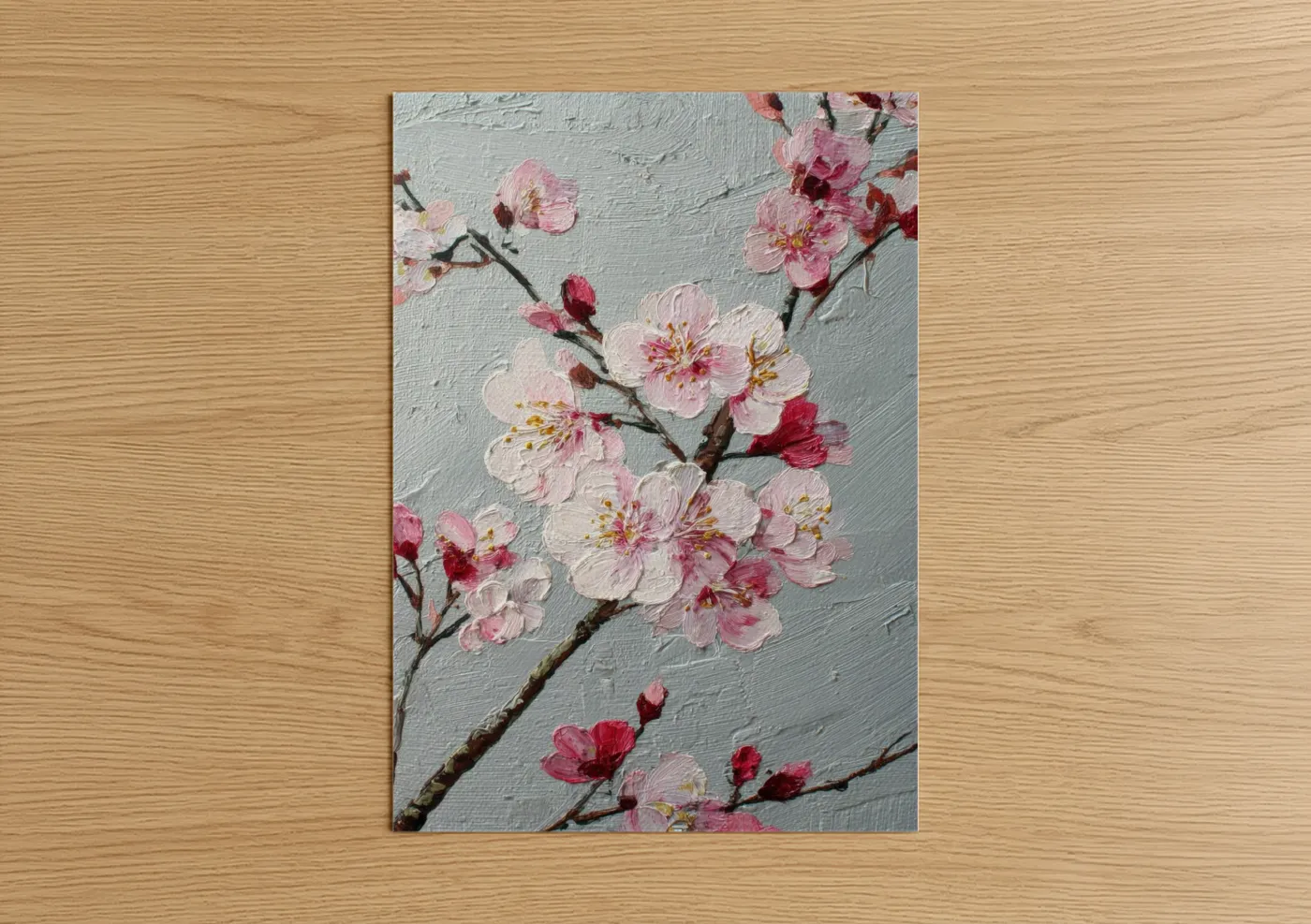 Art print on warm oak wood — pink and gray palette — Spring Cherry Blossoms poster
