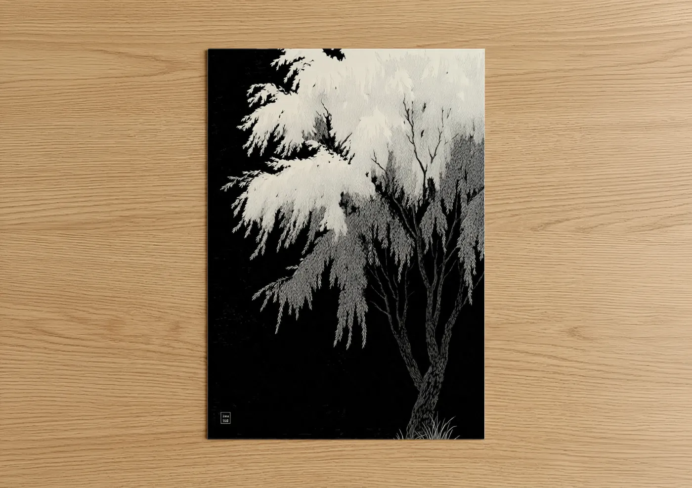 Willow tree art print on warm oak wood — black and white palette — Moonlit Willow poster