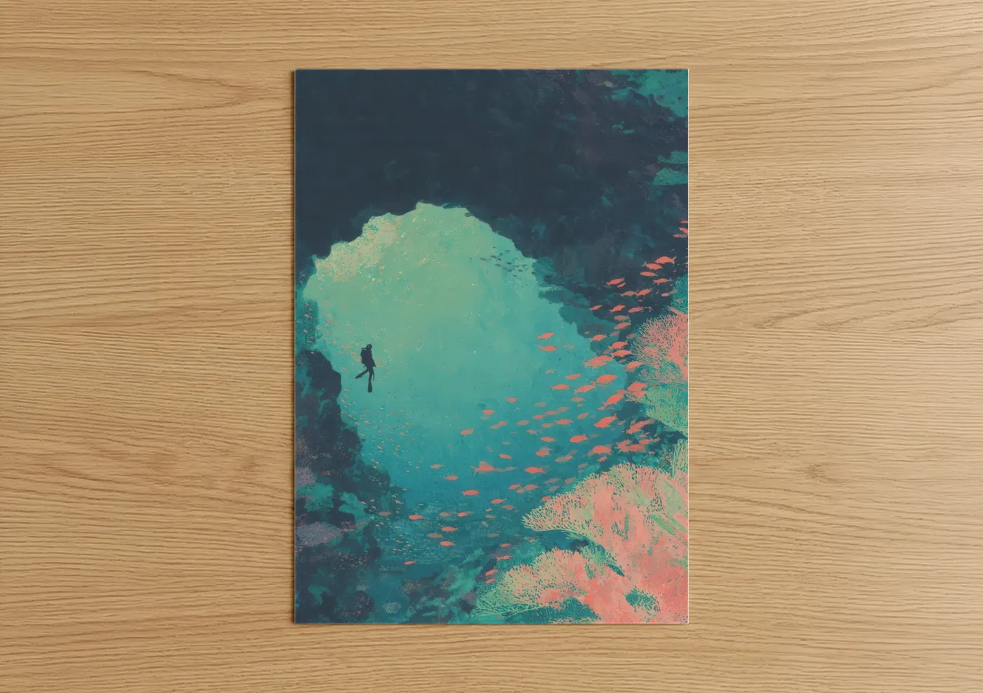 Art print on warm oak wood — teal and salmon pink palette — Turquoise Cave Diving poster