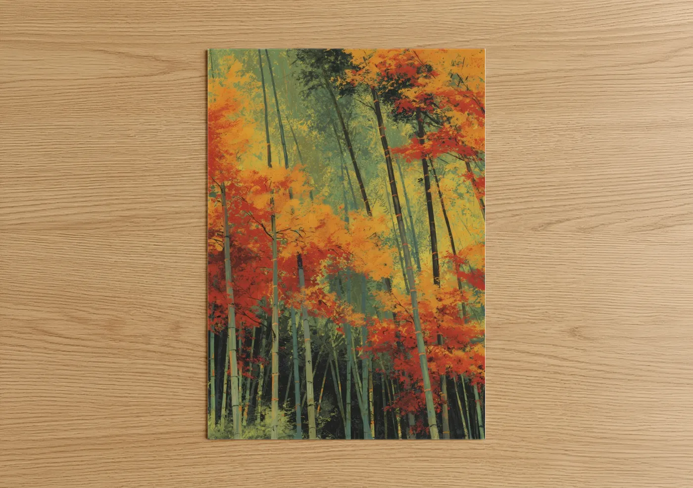 Art print on warm oak wood — orange and green palette — Autumn Bamboo Forest poster